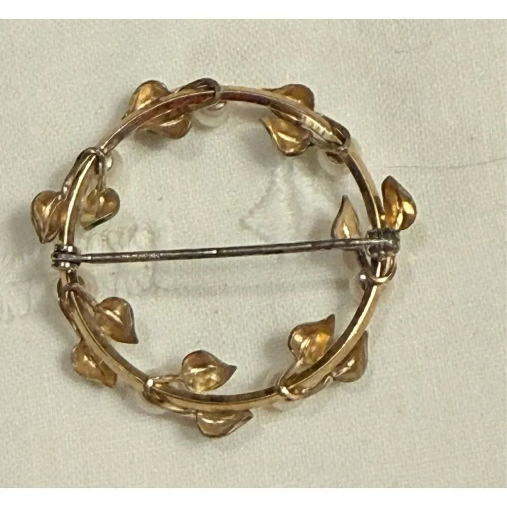 Vintage Krementz Wreath Pearl Green Leaf Gold Fill Brooch